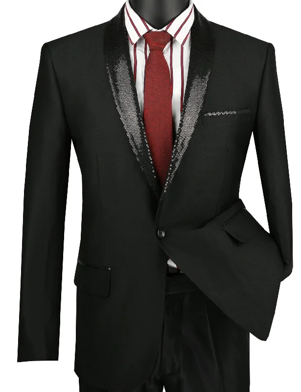 men's wedding tuxedo jacket with satin -Slim Fit Black Shiny Sharkskin Party Jacket With Sequins Lapel