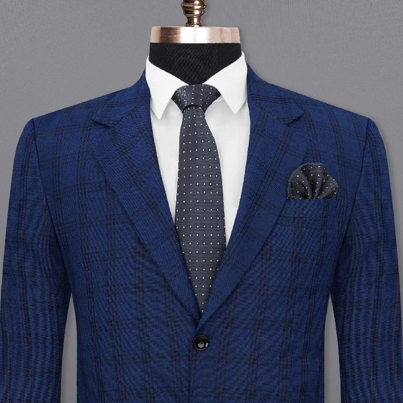 men's black formal suit with tie -Dark Byzantium Blue Plaid Blazer