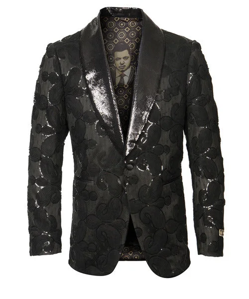 men's modern tuxedo for business meetings -Empire Collection - Black Sequin Shawl Collar Sports Coat Slim Fit