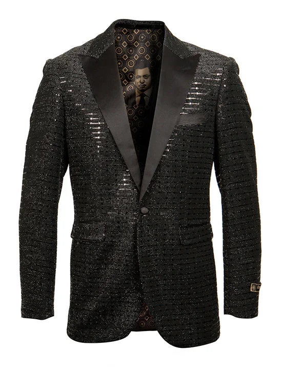 men's tailored wool business suit -Empire Collection - Black Sequin Texture Design Sports Coat Slim Fit