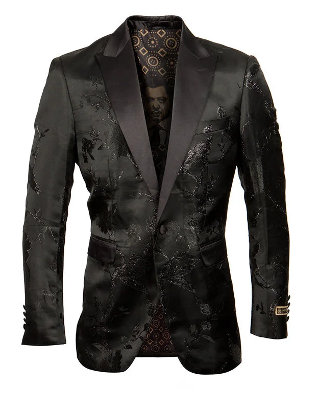 men's custom tuxedo pants for business -Empire Collection - Black Slim Fit Floral Pattern Sports Coat