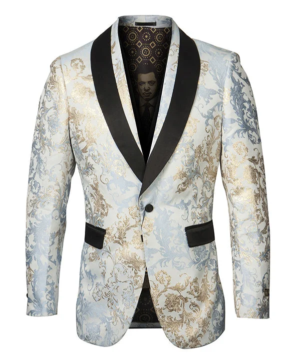 men's dark grey wool tuxedo -Empire Collection - Blue/Gold Floral Pattern Sports Coat Slim Fit