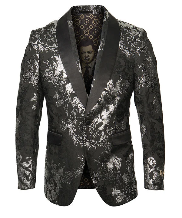 men's wool tuxedo for formal events -Empire Collection - Black/Silver Floral Pattern Sports Coat Slim Fit