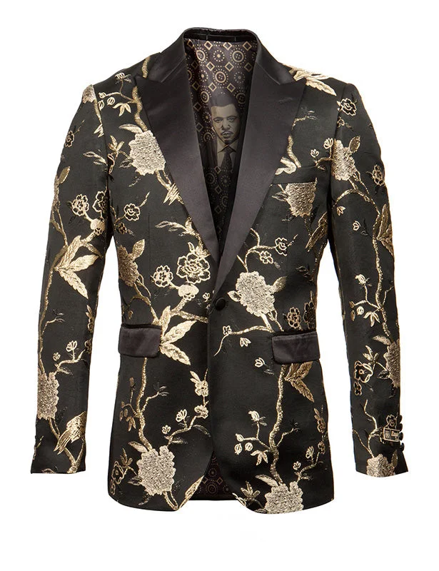 men's wool tuxedo for corporate events -Empire Collection - Gold and Black Slim Fit Floral Pattern Sports Coat