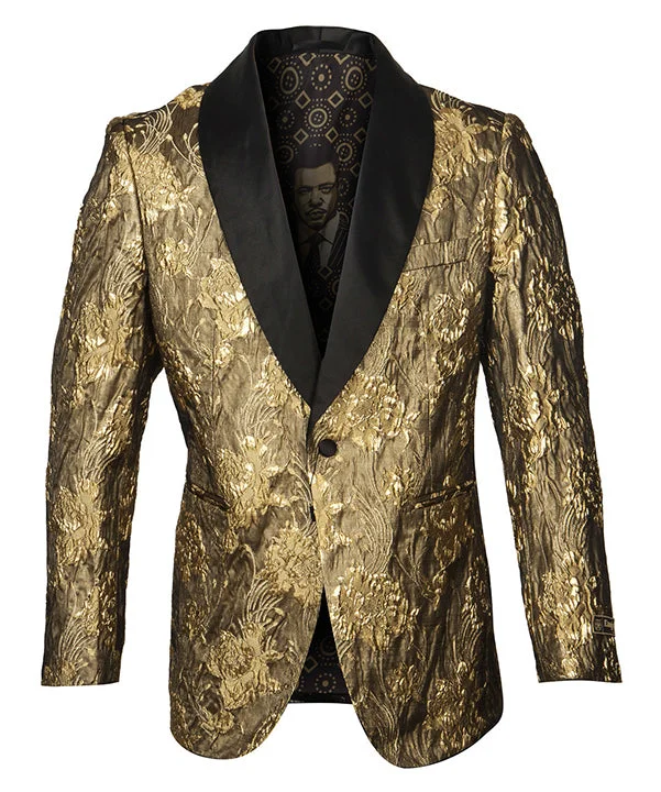 men's business tuxedo jacket with pleats -Empire Collection - Gold Floral Pattern Shawl Collar Sports Coat Slim Fit