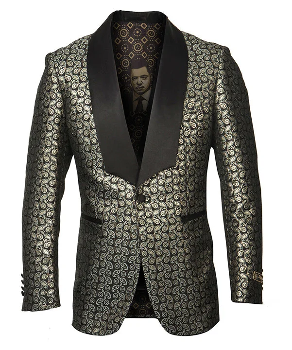 men's stylish wedding tuxedo -Empire Collection - Gold Paisley Pattern Shawl Collar Sports Coat Slim Fit