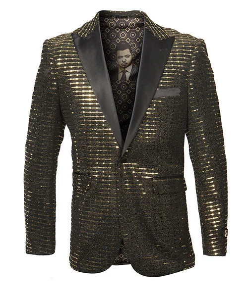 men's business formal grey tuxedo -Empire Collection - Gold Sequin Texture Design Sports Coat Slim Fit in Black