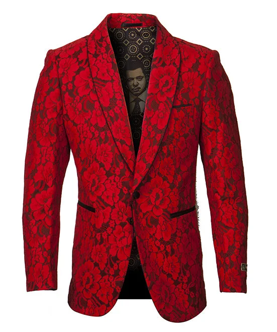 men's wool tuxedo with satin finish -Empire Collection - Red Floral Solid Pattern Sports Coat Slim Fit