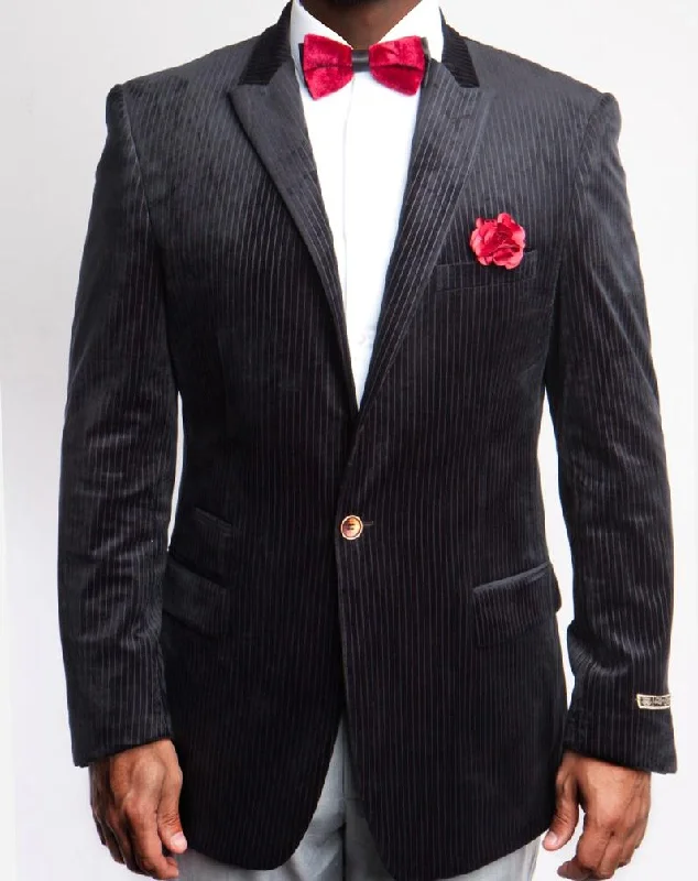 men's formal grey tuxedo with bow tie -Empire Collection - Black Velvet Stripe Sports Coat Modern Fit