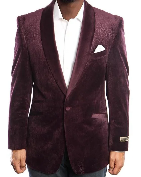 men's wedding tuxedo with gold tie -Empire Collection - Velvet Regular Fit Vintage Floral Blazer in Plum