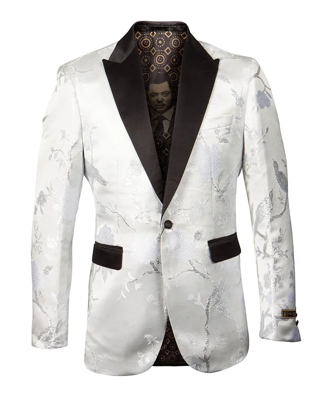 men's slim fit black tuxedo for office -Empire Collection - White and Silver Slim Fit Floral Pattern Sports Coat