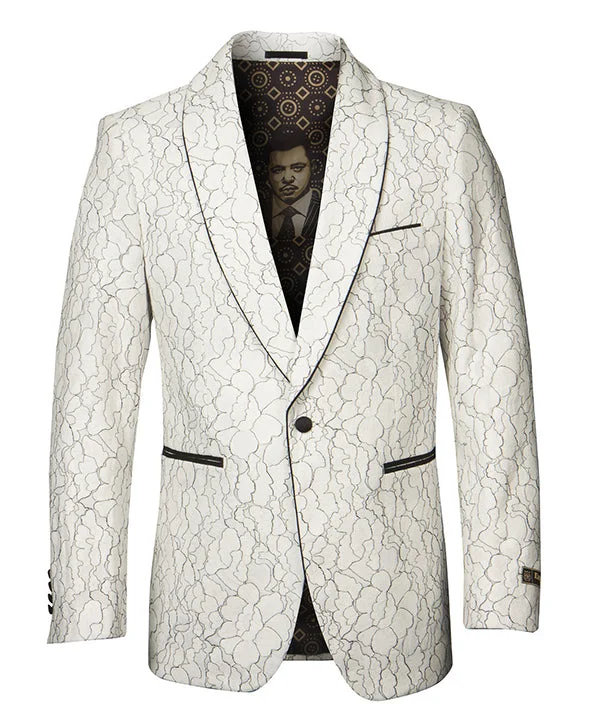 men's navy tuxedo with grey tie -Empire Collection - White Floral Solid Pattern Sports Coat Slim Fit