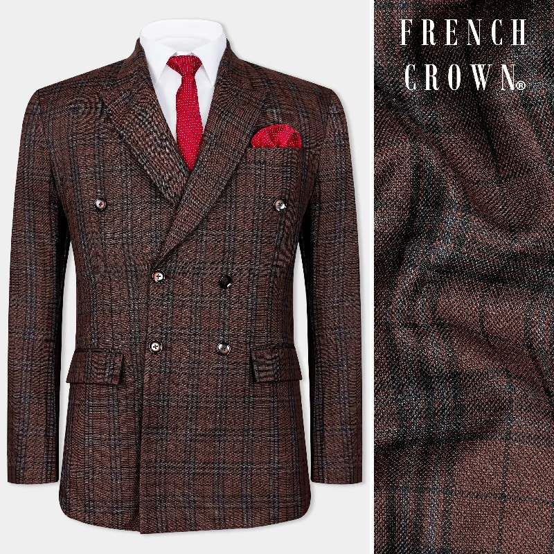 men's tailored grey wool business suit -Gingerbread Plaid Wool blend Double-Brested Blazer