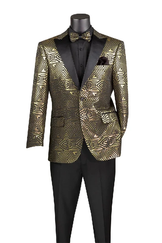 men's modern tuxedo with satin lapels -Gold Modern Fit Jacquard Jacket Metallic Design with Matching Bow Tie