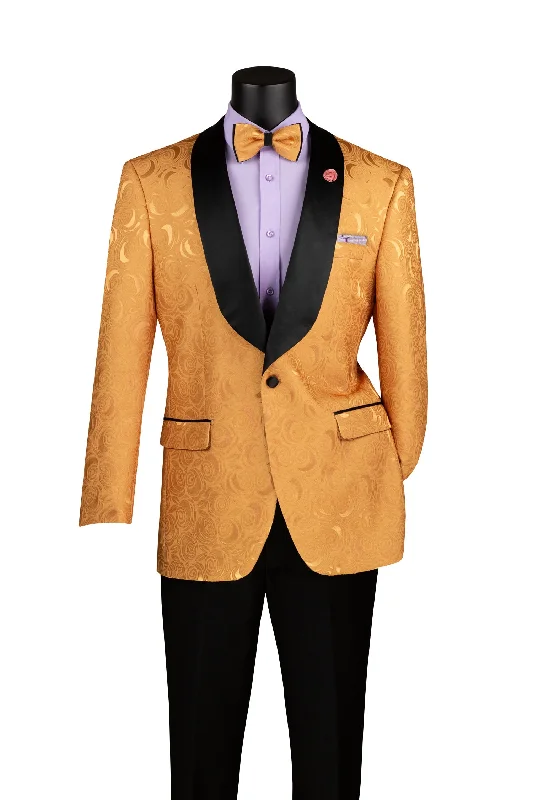 men's tailored tuxedo set for wedding -Gold Regular Fit Blazer Shawl Lapel with Matching Bow Tie