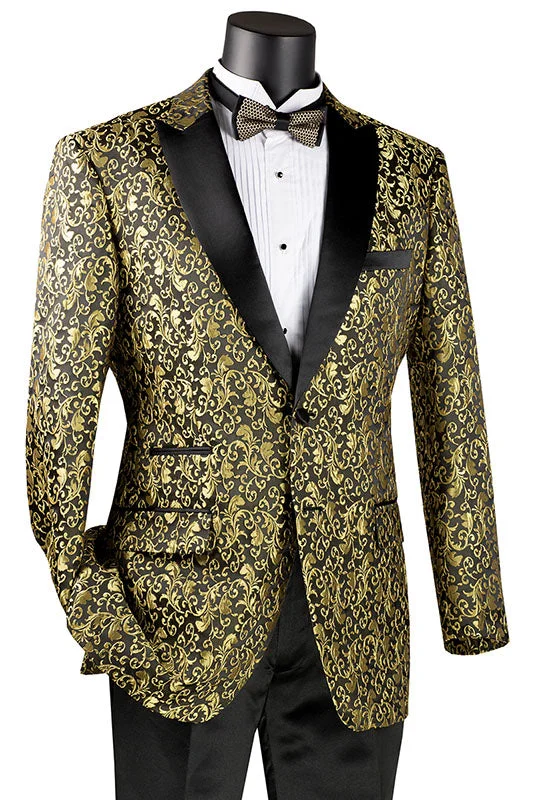 men's designer tuxedo jacket with lapels -Gold Regular Fit Floral Pattern Jacket Peak Lapel