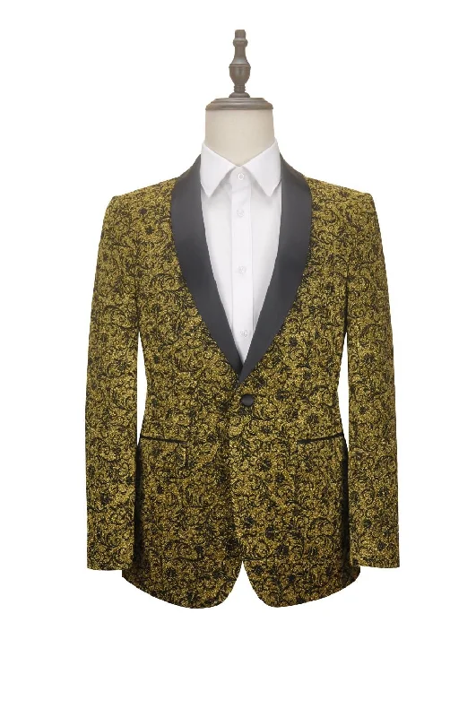 men's wool tuxedo for office events -Gold Slim Fit Floral Pattern Jacket Shawl Lapel