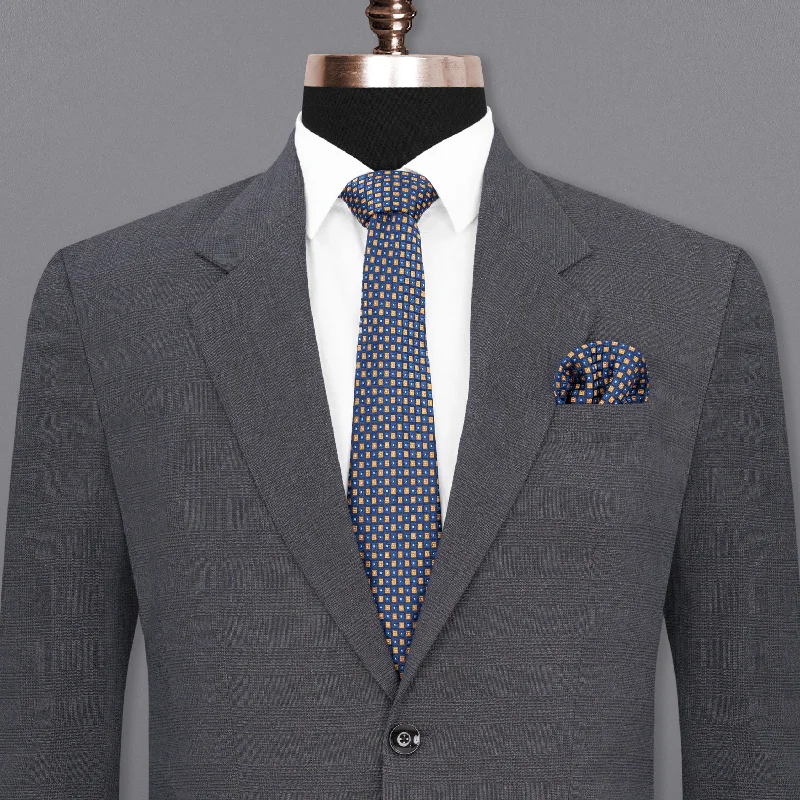 men's navy blue wool tuxedo -Gravel Gray Plaid Single Breasted Blazer