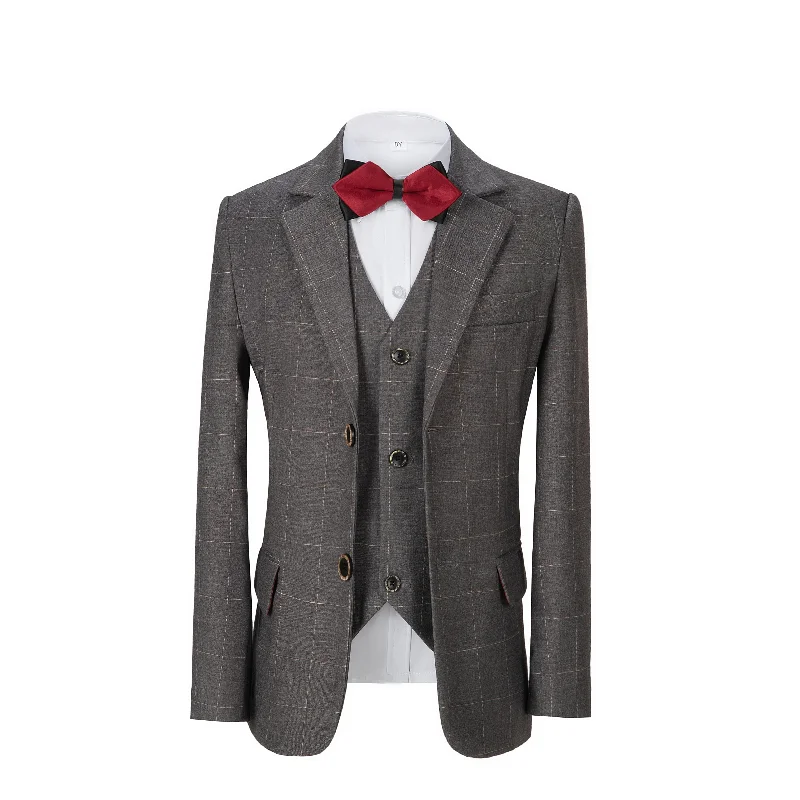 men's grey wool tuxedo with skinny tie -Grey Plaid 3 Piece Boys Suits Blazer Vest and Pants