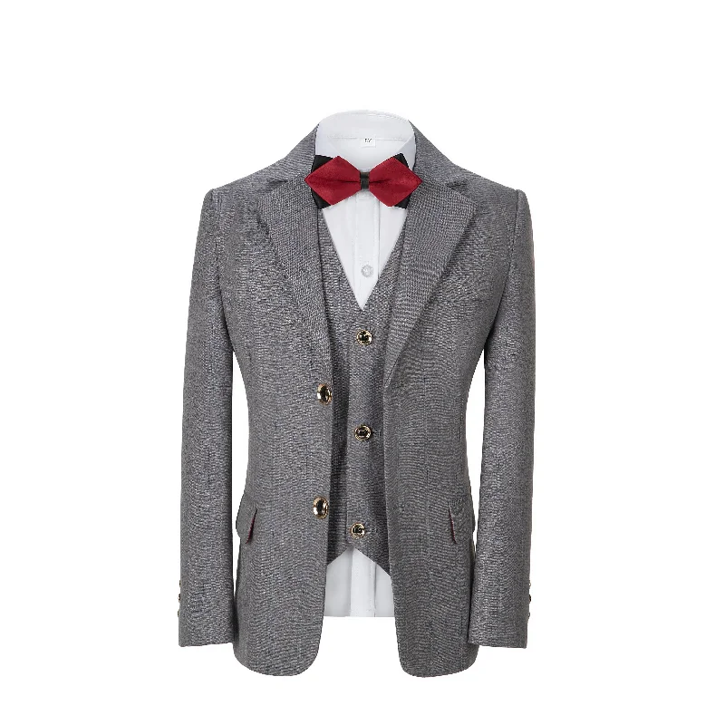 men's wool tuxedo with bow tie -Light Grey Plaid 3 Piece Boys Suits Blazer Vest and Pants