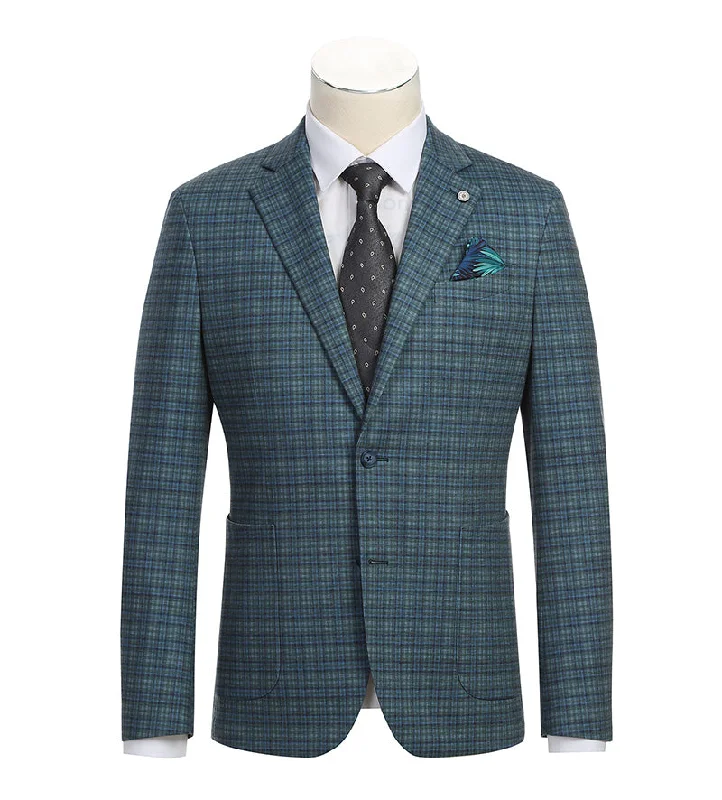 men's slim fit navy tuxedo suit -Half Canvas Slim Fit Blazer in Green Blue Check