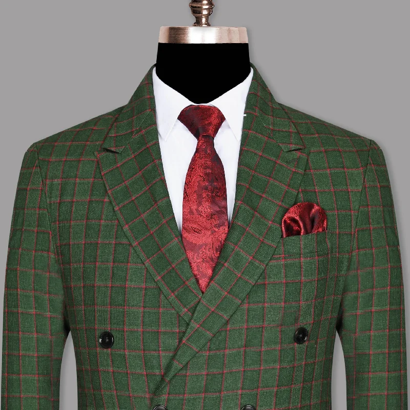 men's wool wedding tuxedo with bow tie -Hunter Green Windowpane Luxurious Linen Double Breasted Blazer