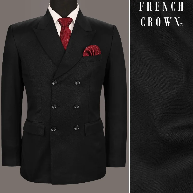 men's wool tuxedo for business events -Jade Black Subtle Sheen Wool Rich Double Breasted Blazer