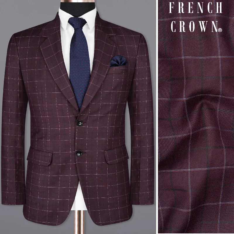 men's stylish grey tuxedo for meetings -Livid Burgundy Super fine Windowpane Wool Rich Blazer