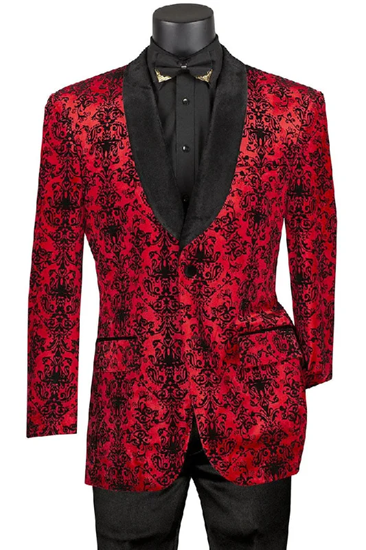 men's luxury black tuxedo with vest -(M) Red Regular Fit Embossed Damask Print Velvet Jacket Shawl Lapel