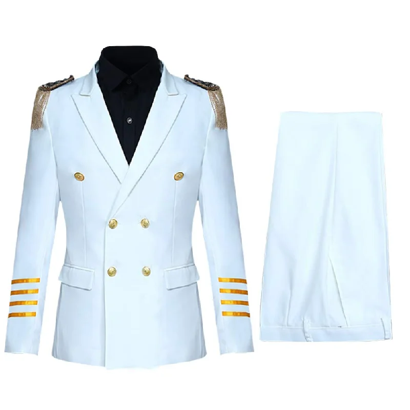 men's wool tuxedo jacket with black tie -YFFUSHI Mens 2 Piece Suit Slim Fit Pilot Captain Uniform Blazer and Pants White