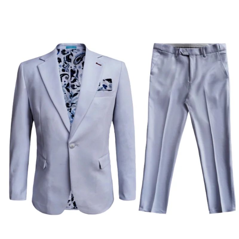 men's grey wool tuxedo with satin lapel -Men's Cotton-Stretch Fashion Suit Silver S9010