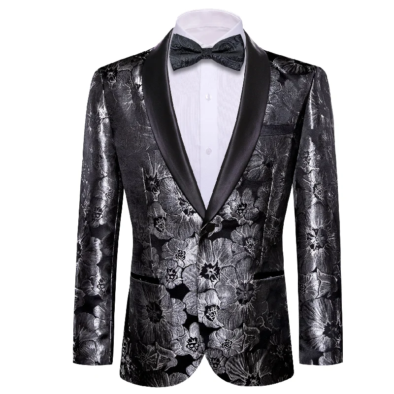 men's wool wedding tuxedo pants -Men's Dress Party Black Floral Suit Jacket Slim One Button Stylish Blazer