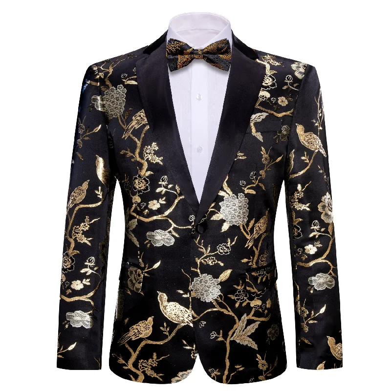 men's custom formal tuxedo for wedding -Men's Dress Party Black Gold Floral Suit Jacket Slim One Button Stylish Blazer