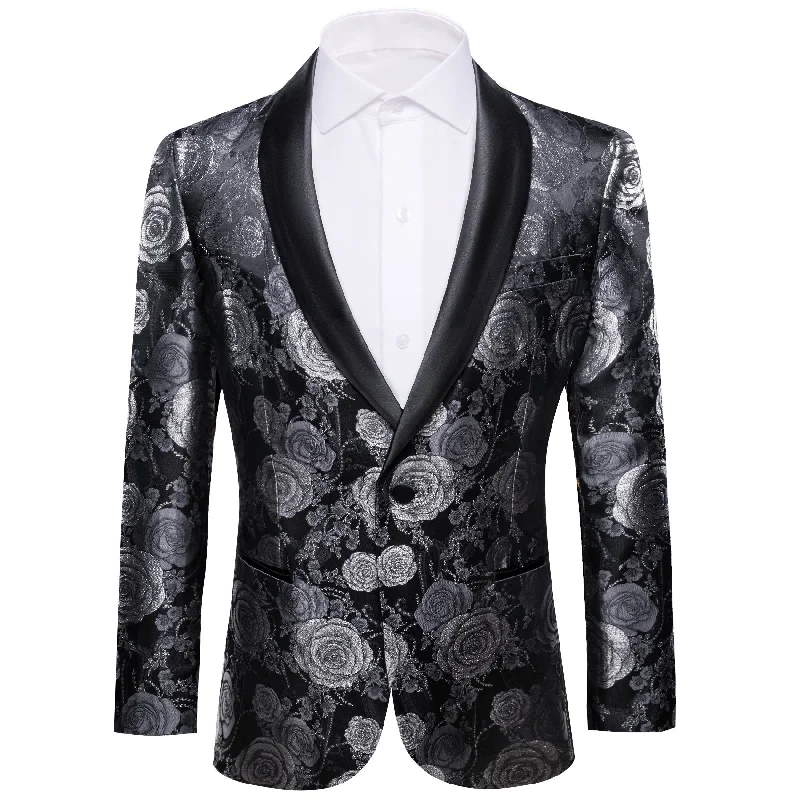 men's three-piece black tuxedo for weddings -Men's Dress Party Black Grey Flower Suit Jacket Slim One Button Stylish Blazer