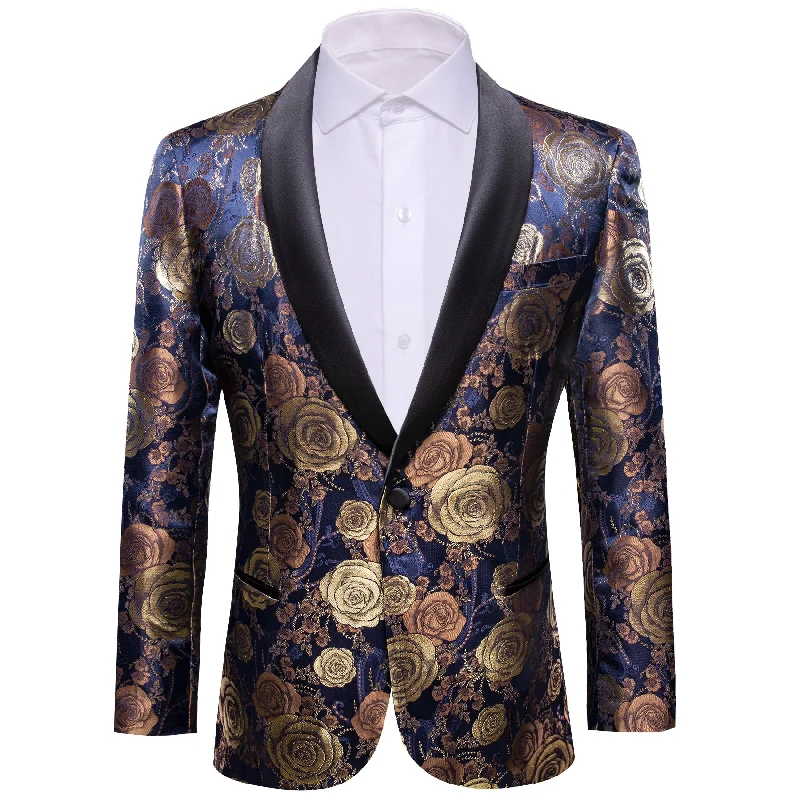 men's classic grey wool tuxedo -Men's Dress Party Blue Brown Flower Suit Jacket Slim One Button Stylish Blazer