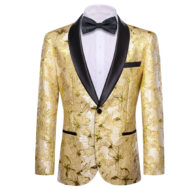 men's slim tuxedo for office events -Men's Dress Party Gold Yellow Floral Suit Jacket Slim One Button Stylish Blazer