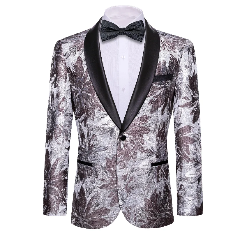 men's tailored tuxedo set for wedding -Men's Dress Party White Brown Floral Suit Jacket Slim One Button Stylish Blazer