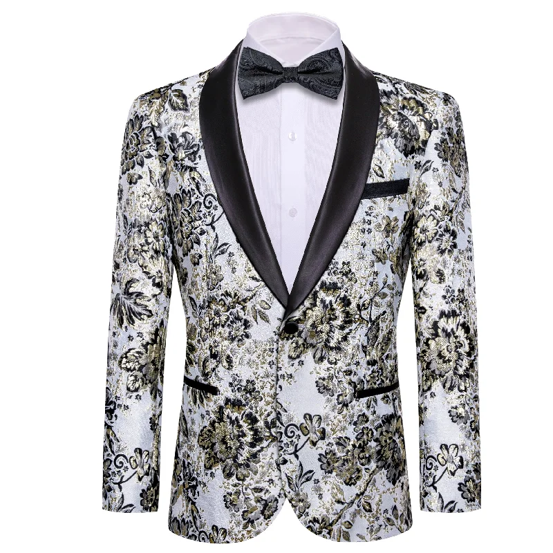 men's grey checked formal tuxedo -Men's Dress Party White Green Floral Suit Jacket Slim One Button Stylish Blazer