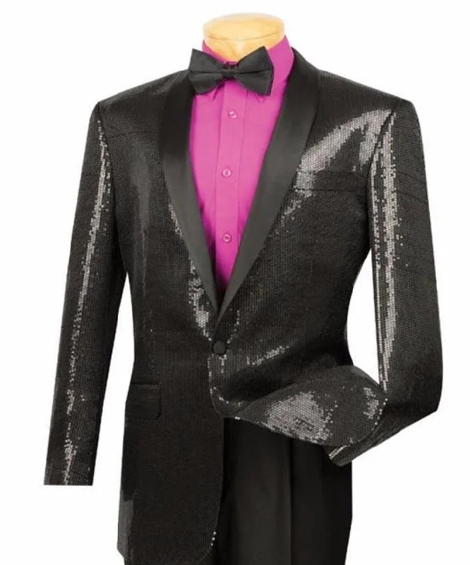 men's casual grey tuxedo for wedding -Spotlight Collection - Regular Fit Black Sequins Party Jacket