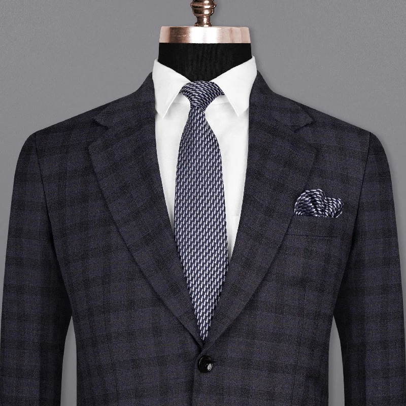 men's formal business tuxedo jacket -Navy Blue Plaid Wool Rich Blazer