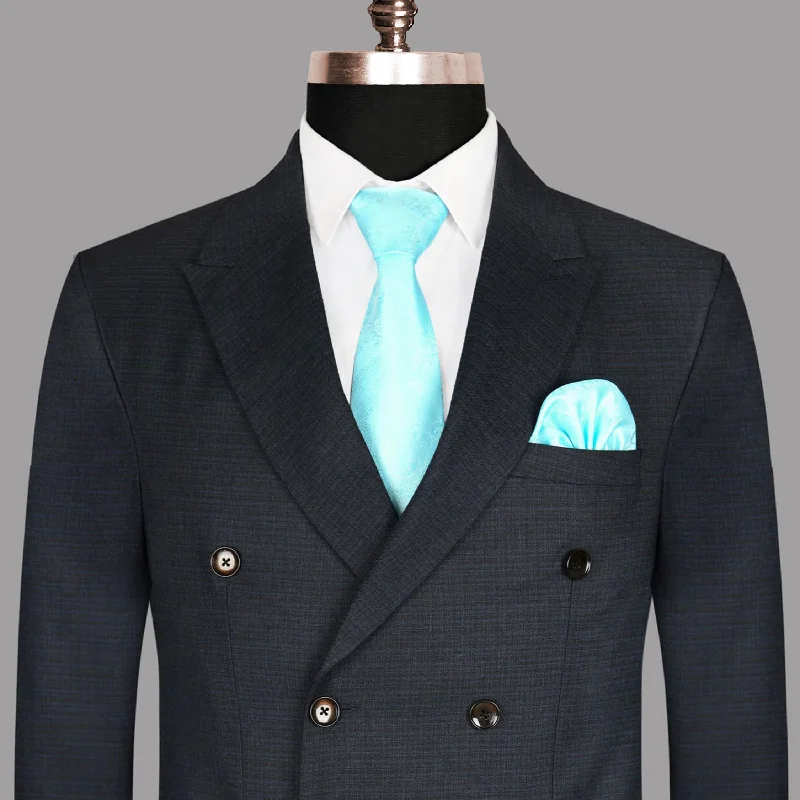 men's wool tuxedo jacket with pocket square -Navy Micro Checked Wool Rich Double Breasted Blazer