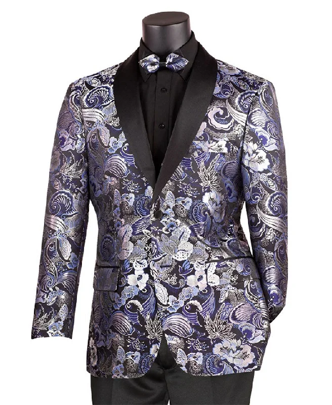 men's stylish grey tuxedo for meetings -Navy Modern Fit Paisley Pattern Jacquard Fabric Jacket with Bow Tie