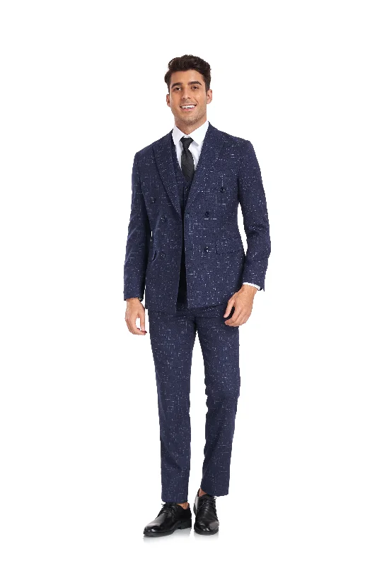 men's classic fit grey business tuxedo -Navy Plaid Men's 3 Piece Slim Fit Suit Set Double Breasted Blazer Vest Pants for Party, Wedding and Business