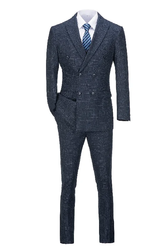 men's grey wool tuxedo for summer -Navy Plaid Men's 3 Piece Slim Fit Suit Set Double Breasted Blazer Vest Pants for Party, Wedding and Business