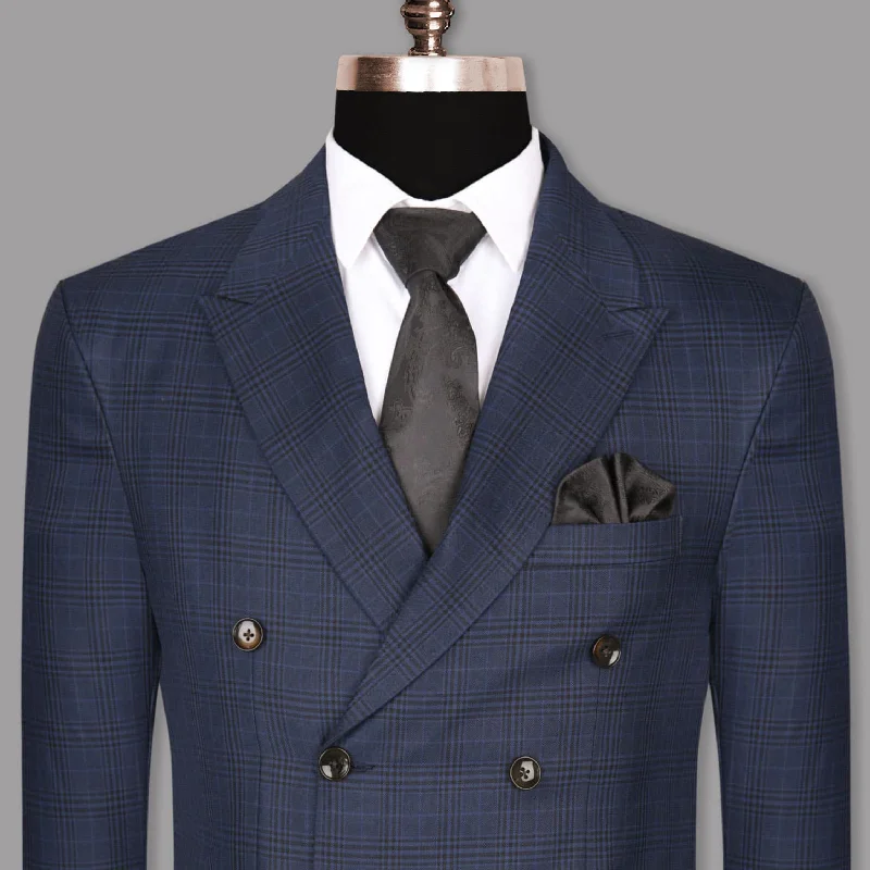 men's slim fit wedding tuxedo with pleats -Navy Plaid Wool Blend Double Breasted Blazer