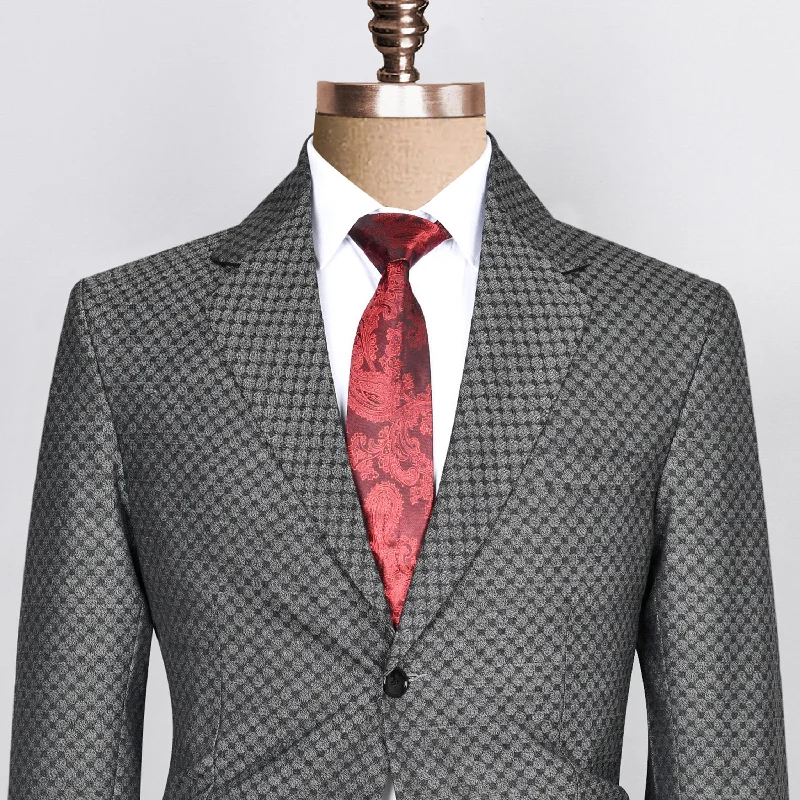 men's custom wool tuxedo with bow tie -Pebble Grey Box Textured Wool blend Blazer