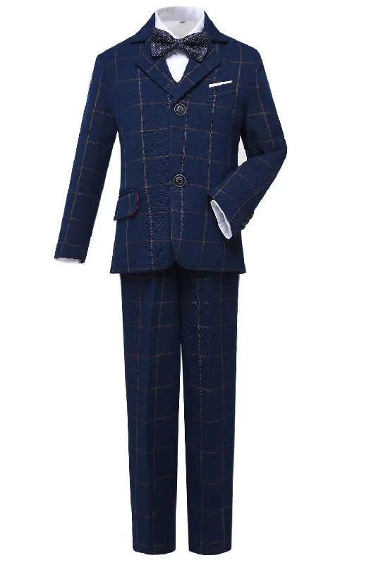 men's wool tuxedo with satin trim -Plaid Navy 3 Piece Kids Boys' Formal Blazer Vest and Pants Dress Suits Set