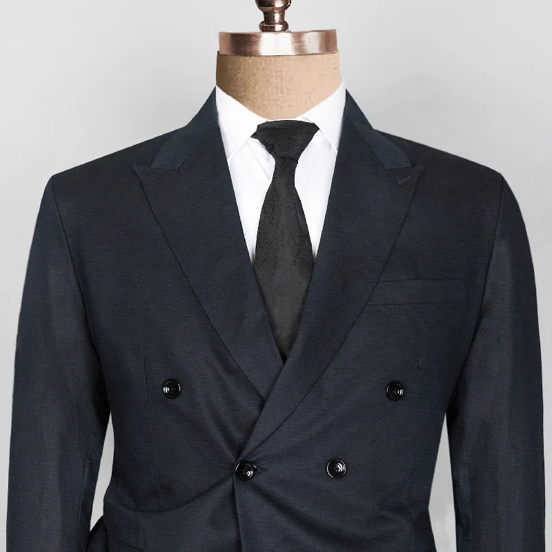 men's grey wedding tuxedo with bow tie -Presidential Navy Double-Breasted Linen Performance Blazer