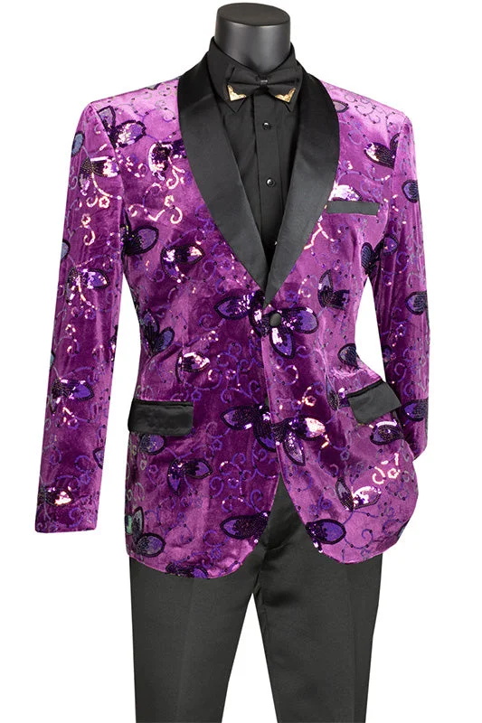 men's classic tuxedo suit with vest -(2XL) Purple Slim Fit Velvet Sequin Floral Pattern Jacket