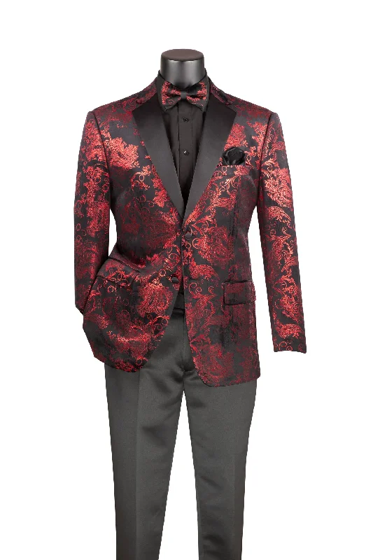 men's custom fit navy tuxedo jackets -Red Modern Fit Velvet Jacket Metallic Design